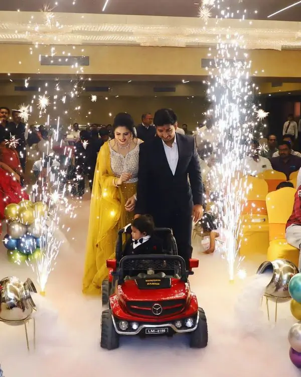 special Car entry for 1st birthday kid with parents with LED Lights and makha fog